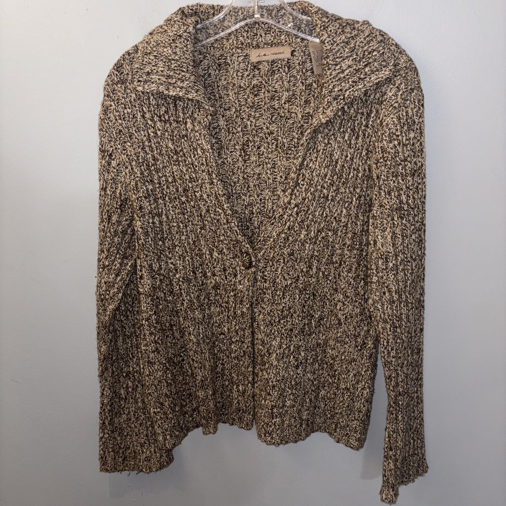 Women's Brown Marbled Cable Knit Cardigan Cotton Wool Blend Cabin Core SzL